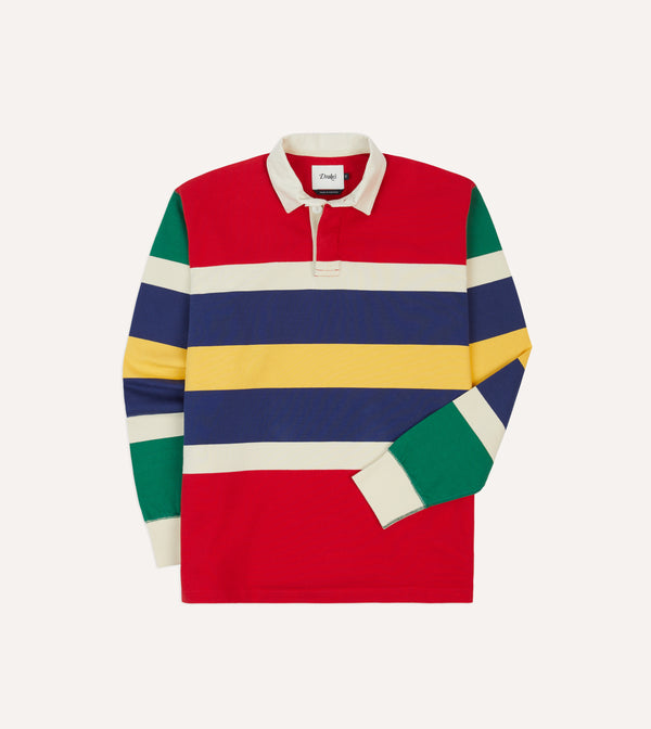 drake's Red Yellow and Navy Multi Stripe Cotton Rugby Shirt