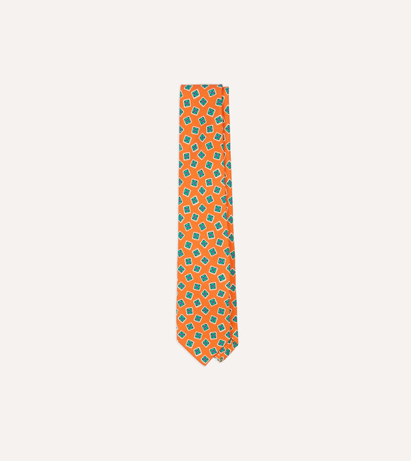 drake's Rust Jumbled Tile Print Silk Self Tipped Tie