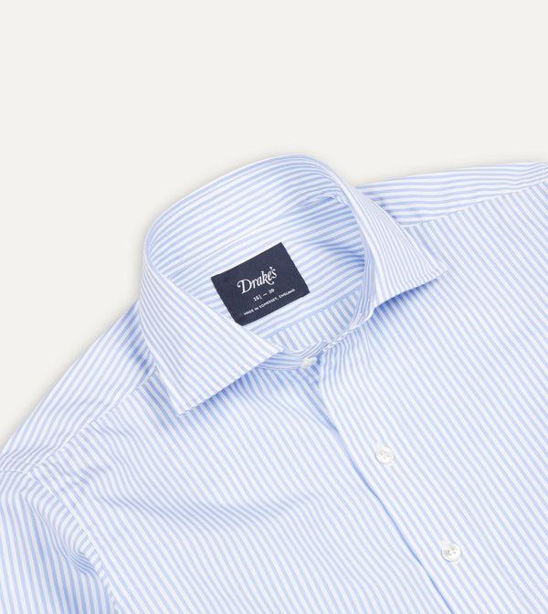 Drake's Sky Blue And White Bengal Stripe Spread Collar Cotton Poplin Shirt