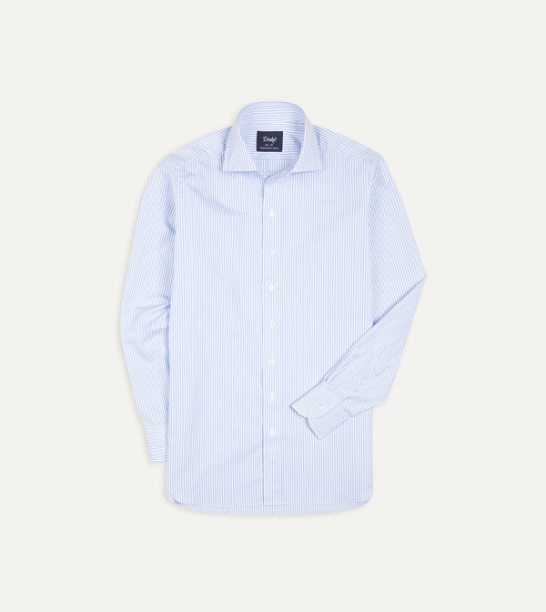 drake's Sky Blue and White Bengal Stripe Spread Collar Cotton Poplin Shirt