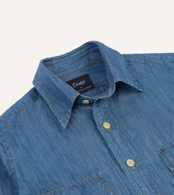Drake's Stone Wash Cotton-Linen Long Point Collar Work Shirt