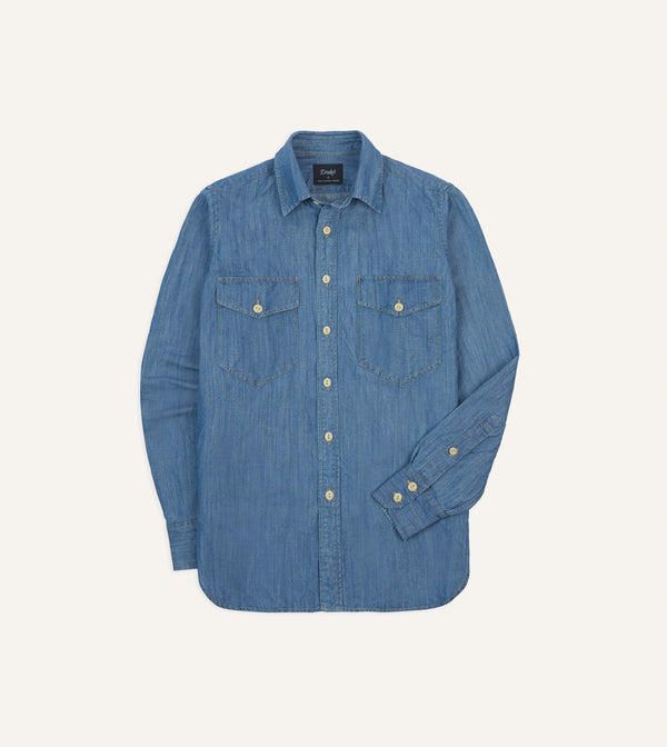 drake's Stone Wash Cotton-Linen Long Point Collar Work Shirt