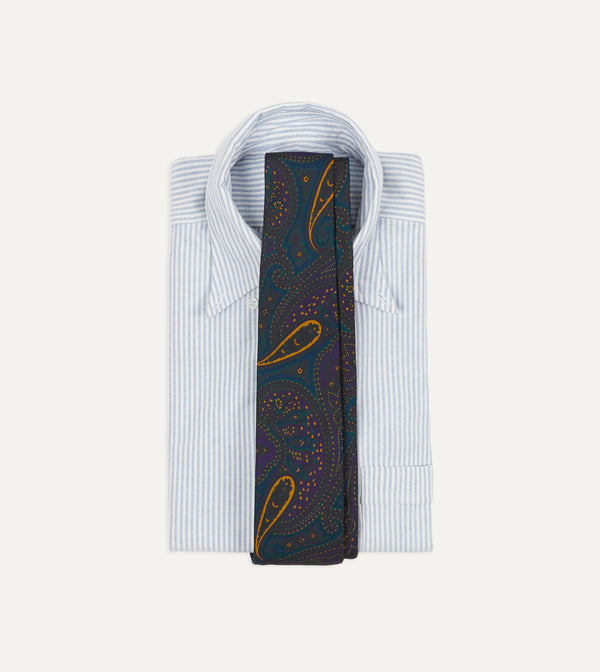 Drake's Teal And Purple Large Paisley Print Madder Silk Self Tipped Tie