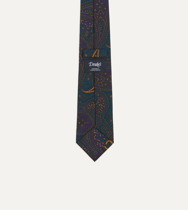 Drake's Teal And Purple Large Paisley Print Madder Silk Self Tipped Tie