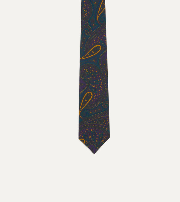 Drake's Teal And Purple Large Paisley Print Madder Silk Self Tipped Tie