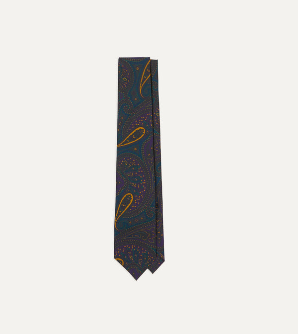 drake's Teal and Purple Large Paisley Print Madder Silk Self Tipped Tie