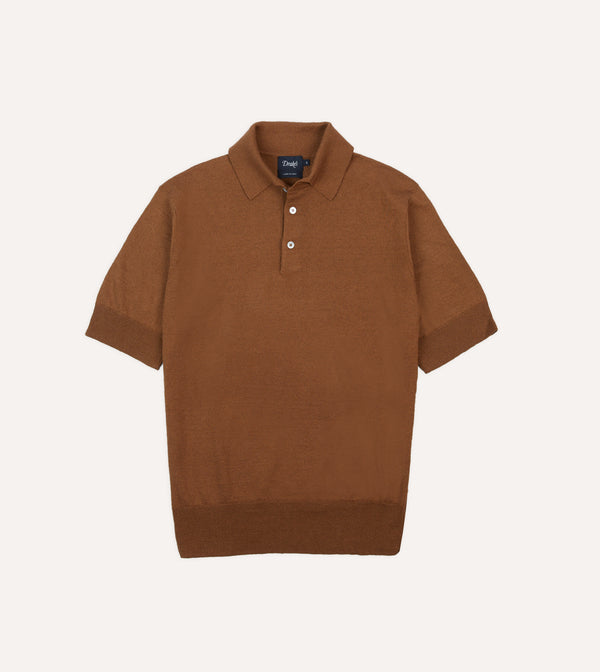 drake's Tobacco Knitted Linen-Cotton Short-Sleeve Polo Shirt
