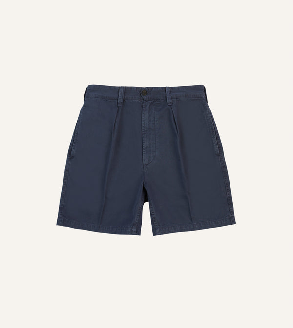 drake's Washed Navy Cotton Twill Single-Pleat Shorts
