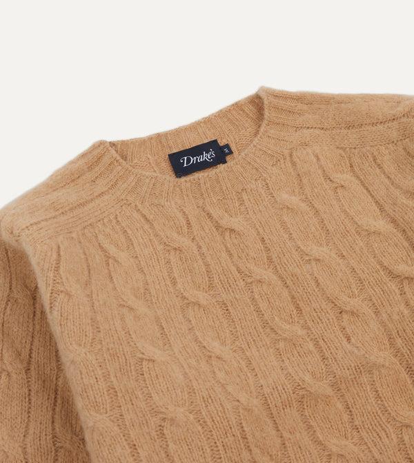 Drake's Wheat Brushed Shetland Cable Knit Crew Neck Jumper