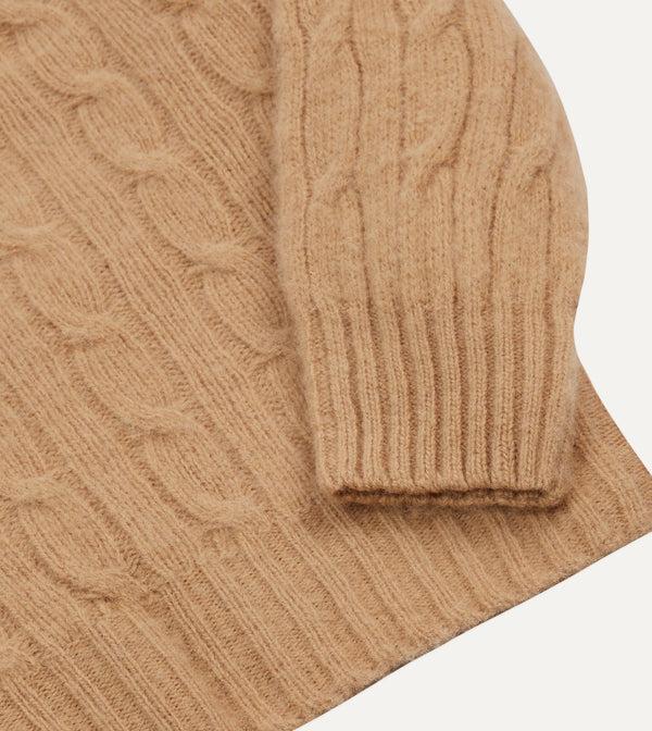 Drake's Wheat Brushed Shetland Cable Knit Crew Neck Jumper