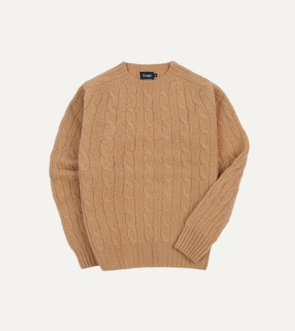 drake's Wheat Brushed Shetland Cable Knit Crew Neck Jumper