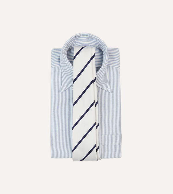 Drake's White And Navy Bar Stripe Repp Silk Tipped Tie