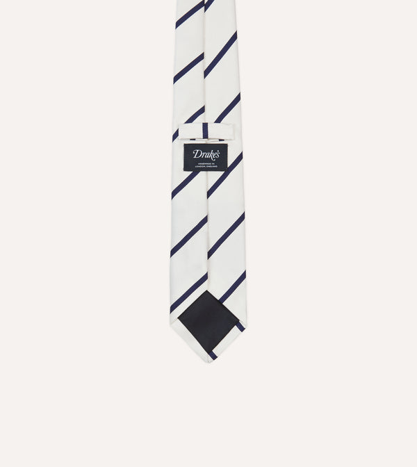 Drake's White And Navy Bar Stripe Repp Silk Tipped Tie