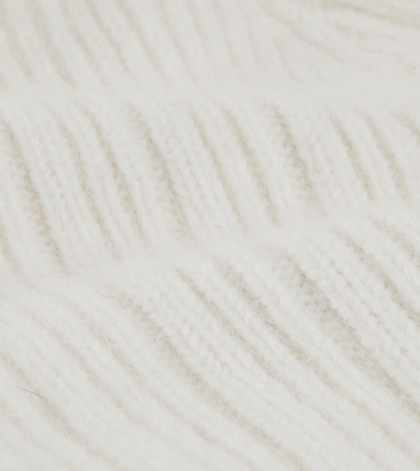 Drake's White Angora Lambswool Ribbed Bobble Knit Hat