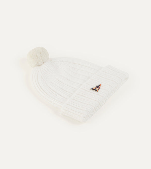 Drake's White Angora Lambswool Ribbed Bobble Knit Hat