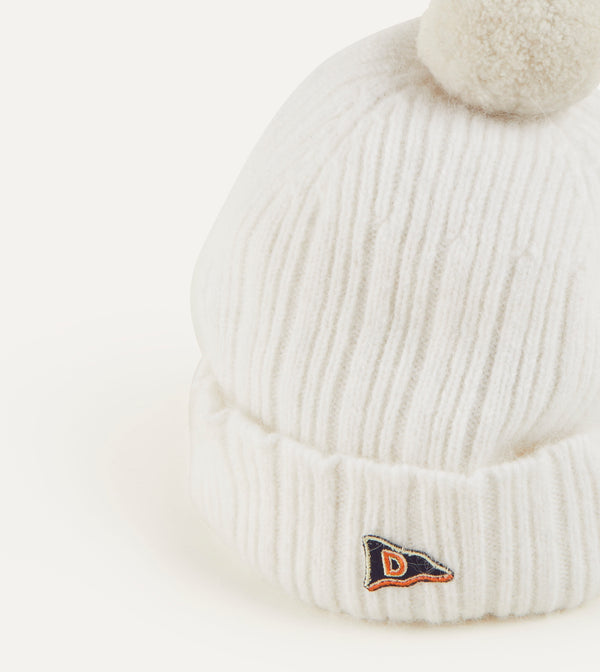 Drake's White Angora Lambswool Ribbed Bobble Knit Hat