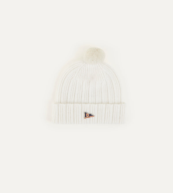 drake's White Angora Lambswool Ribbed Bobble Knit Hat