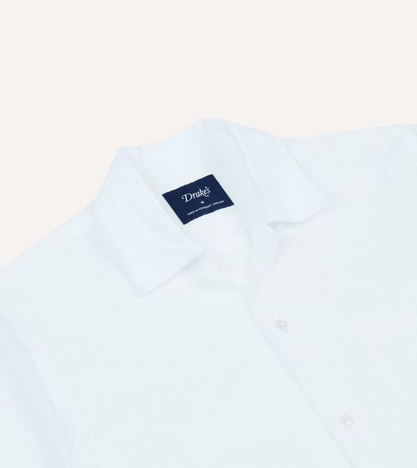Drake's White Cotton-Linen Seersucker Camp Collar Short Sleeve Shirt