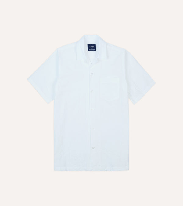 drake's White Cotton-Linen Seersucker Camp Collar Short Sleeve Shirt