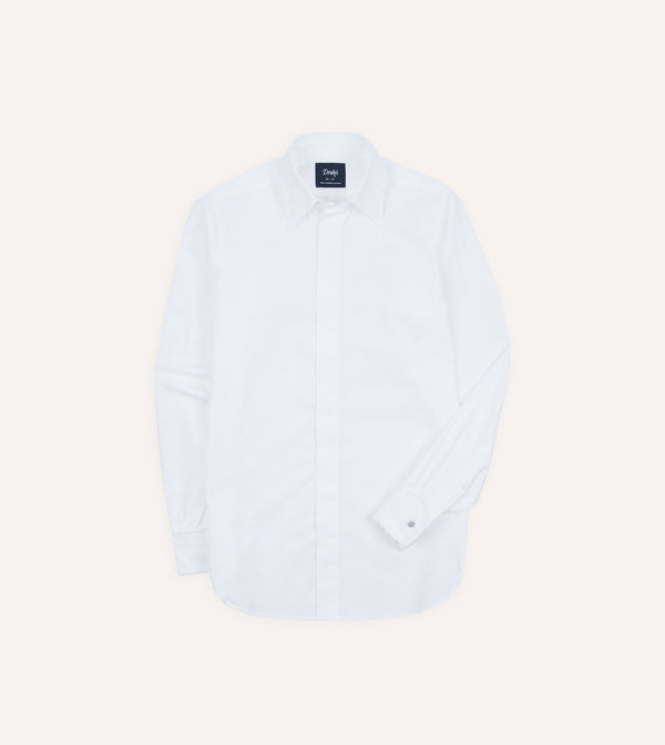 drake's White Cotton Long Point Collar Dinner Shirt