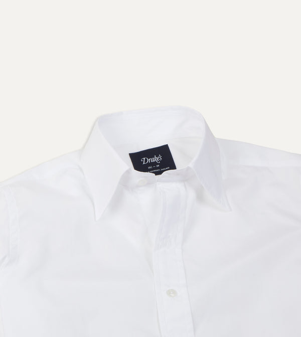 Drake's White Cotton Poplin Long Point Collar Shirt