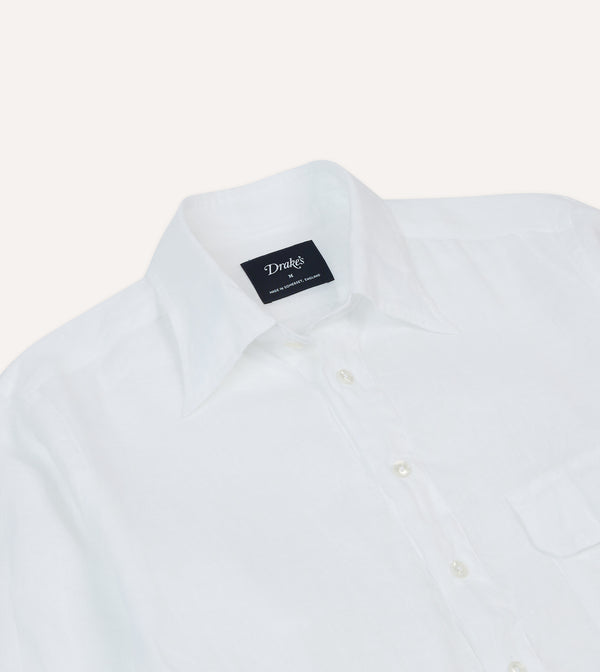 Drake's White Linen Long Point Collar Popover Shirt
