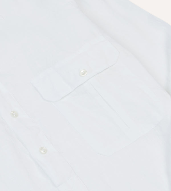Drake's White Linen Long Point Collar Popover Shirt
