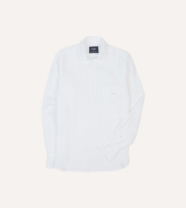 drake's White Linen Long Point Collar Popover Shirt
