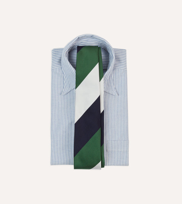 Drake's White Navy And Green Wide Stripe Repp Silk Tipped Tie