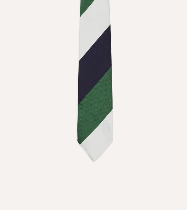 Drake's White Navy And Green Wide Stripe Repp Silk Tipped Tie