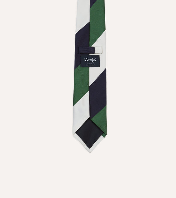 Drake's White Navy And Green Wide Stripe Repp Silk Tipped Tie