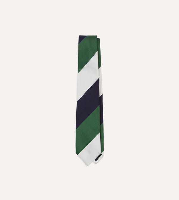 drake's White Navy and Green Wide Stripe Repp Silk Tipped Tie