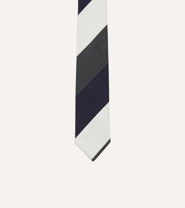 Drake's White Navy And Grey Wide Stripe Repp Silk Tipped Tie