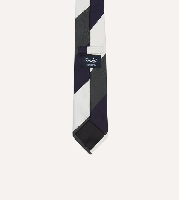 Drake's White Navy And Grey Wide Stripe Repp Silk Tipped Tie