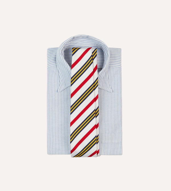 Drake's White Navy Yellow And Red Multi Stripe Repp Silk Tipped Tie