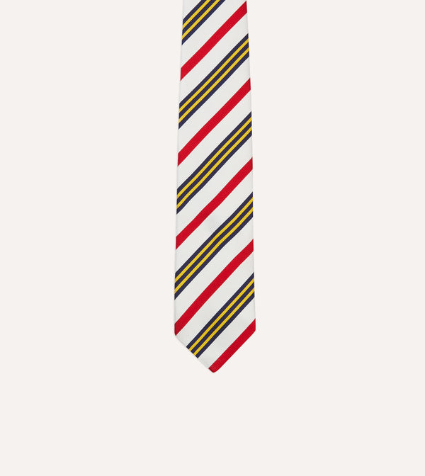 Drake's White Navy Yellow And Red Multi Stripe Repp Silk Tipped Tie