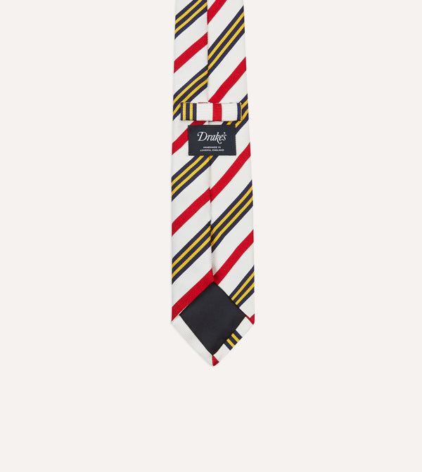 Drake's White Navy Yellow And Red Multi Stripe Repp Silk Tipped Tie
