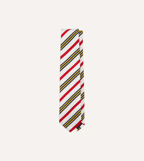 drake's White Navy Yellow and Red Multi Stripe Repp Silk Tipped Tie