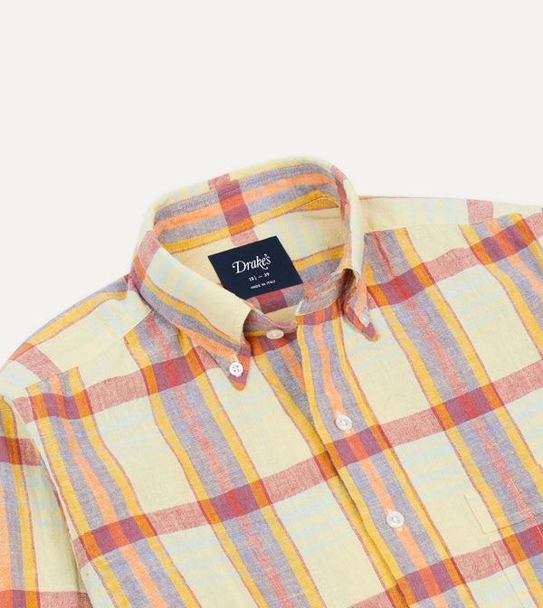 Drake's Yellow And Red Madras Check Cotton-Linen Button-Down Shirt