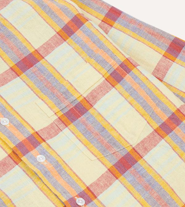 Drake's Yellow And Red Madras Check Cotton-Linen Button-Down Shirt