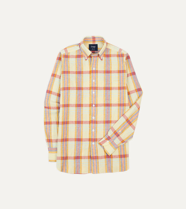 drake's Yellow and Red Madras Check Cotton-Linen Button-Down Shirt