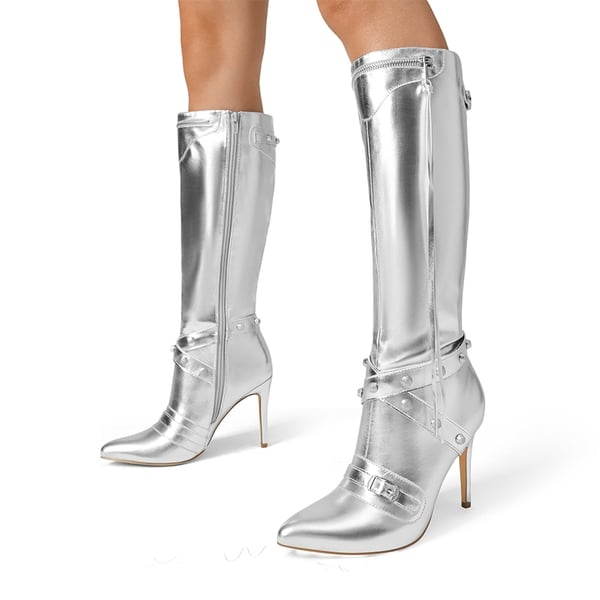 Dream Pairs Studded Cross-over Strap Stiletto Heel Boots