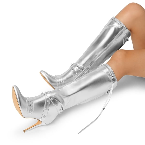 Dream Pairs Studded Cross-over Strap Stiletto Heel Boots