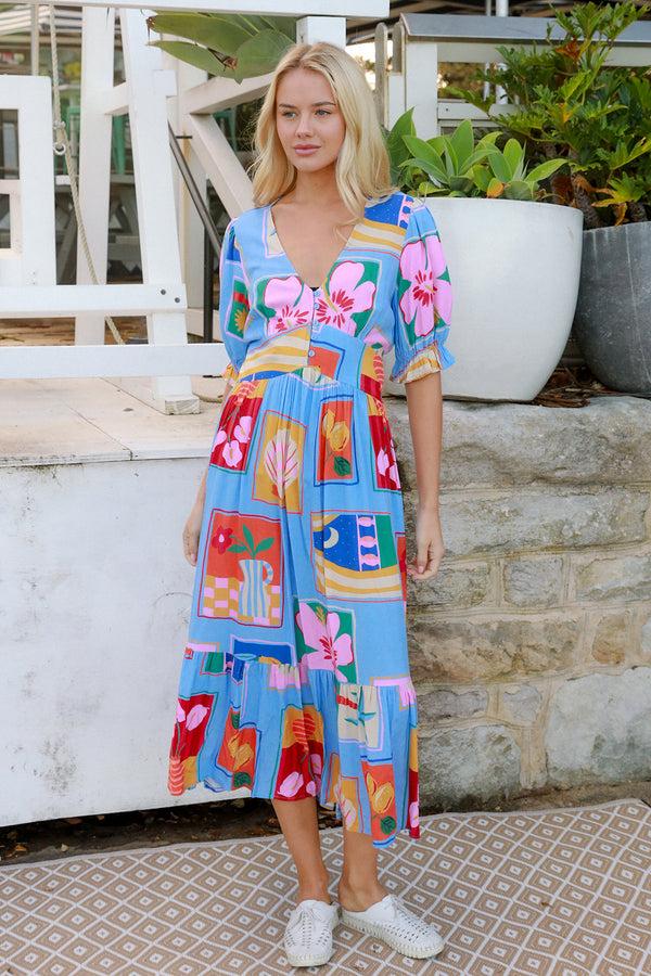 Dreamcatcher Bohemian Beatrice Blue V-Neck Midi Dress