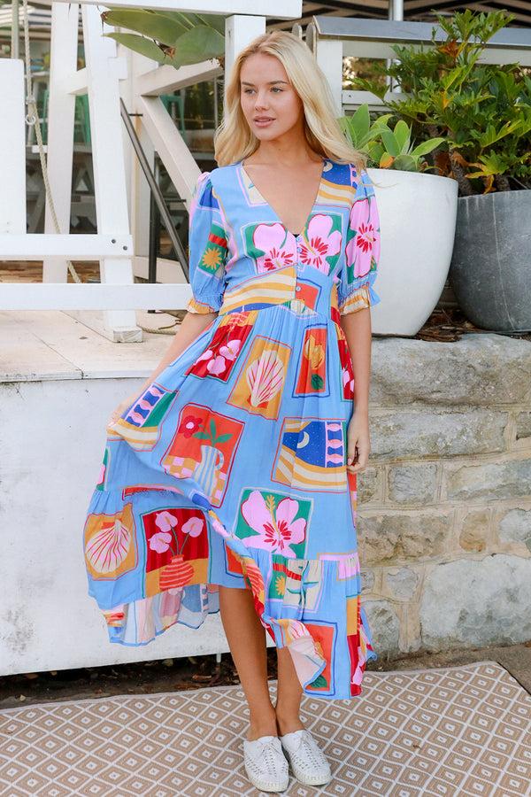 Dreamcatcher Bohemian Beatrice Blue V-Neck Midi Dress