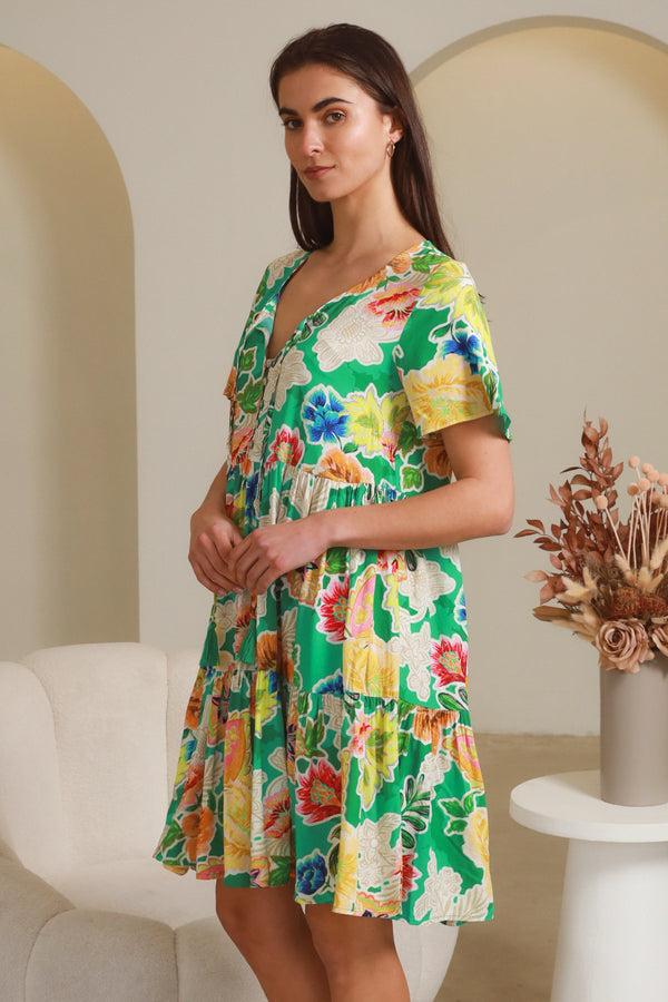 Dreamcatcher Bohemian Kianna Green V-Neck Mini Dress