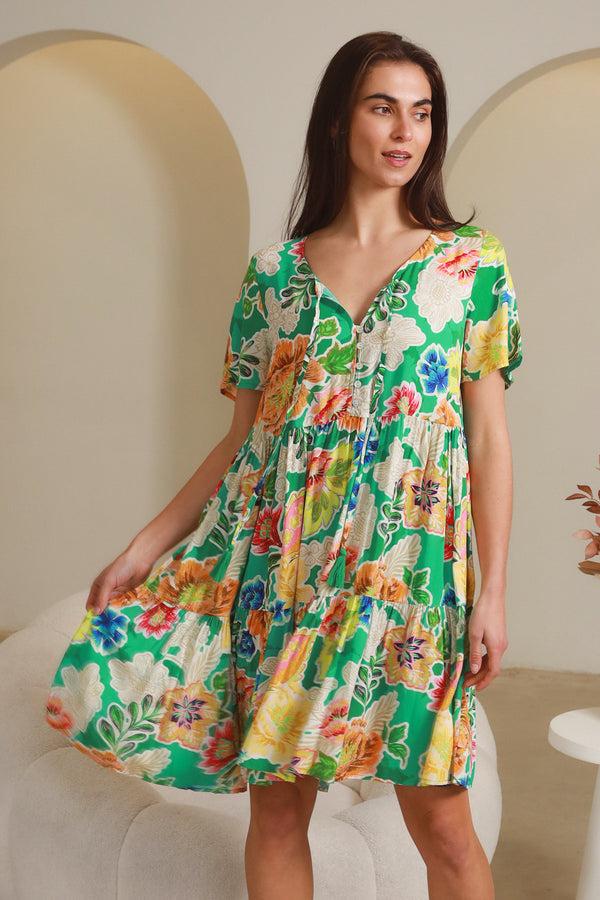 Dreamcatcher Bohemian Kianna Green V-Neck Mini Dress