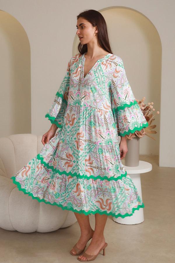 Dreamcatcher Bohemian Luca Green 3/4 Sleeves Midi Dress