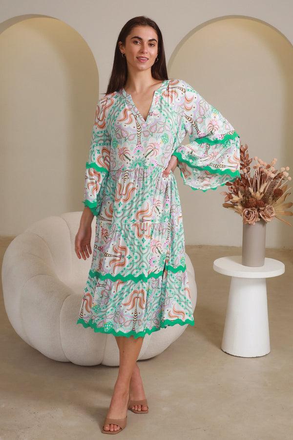 dreamcatcher bohemian Luca Green 3/4 Sleeves Midi Dress