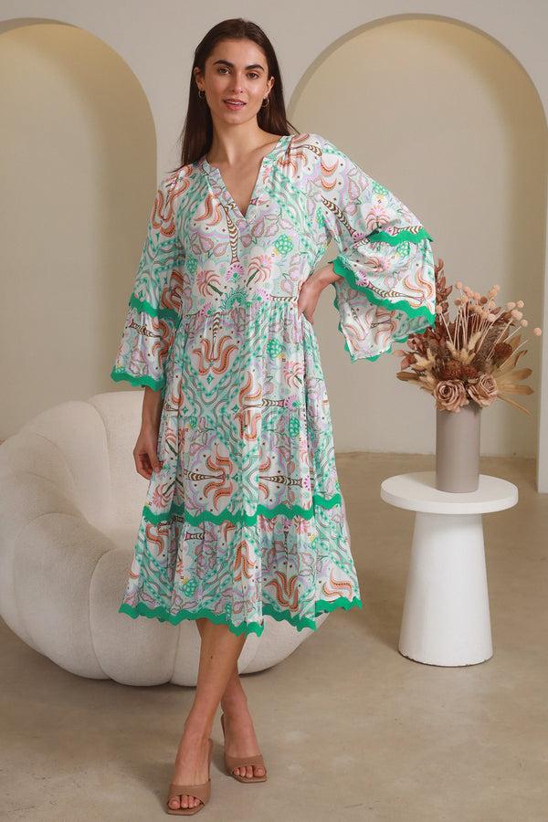 Dreamcatcher Bohemian Luca Green 3/4 Sleeves Midi Dress